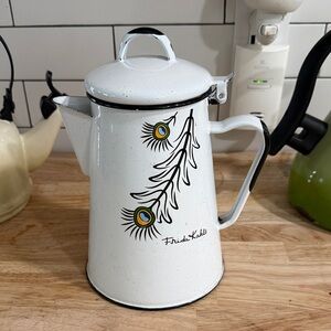 White Enamel Coffee Pot with Peacock Feather Design